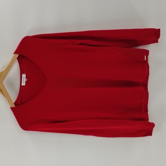 Calvin Klein v neck sweater size medium solid red crochet detail down front - Picture 1 of 8
